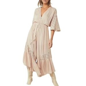 NWT Free People Pearl Pink Crochet Lace Bell Sleeve Boho Jumpsuit Womens S